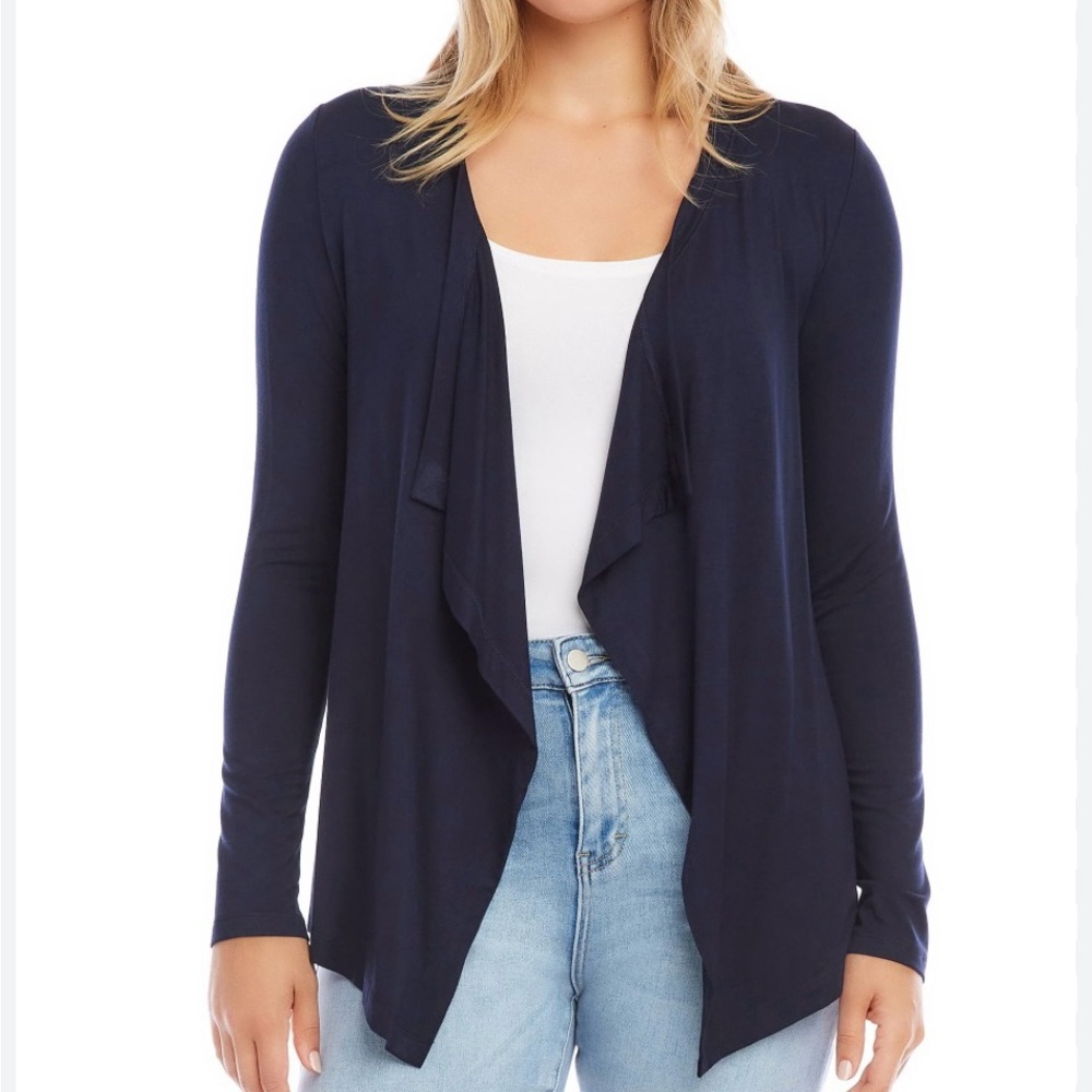 Lands End Sweater Womens XS Cardigan Waterfall Open Front Navy Blue